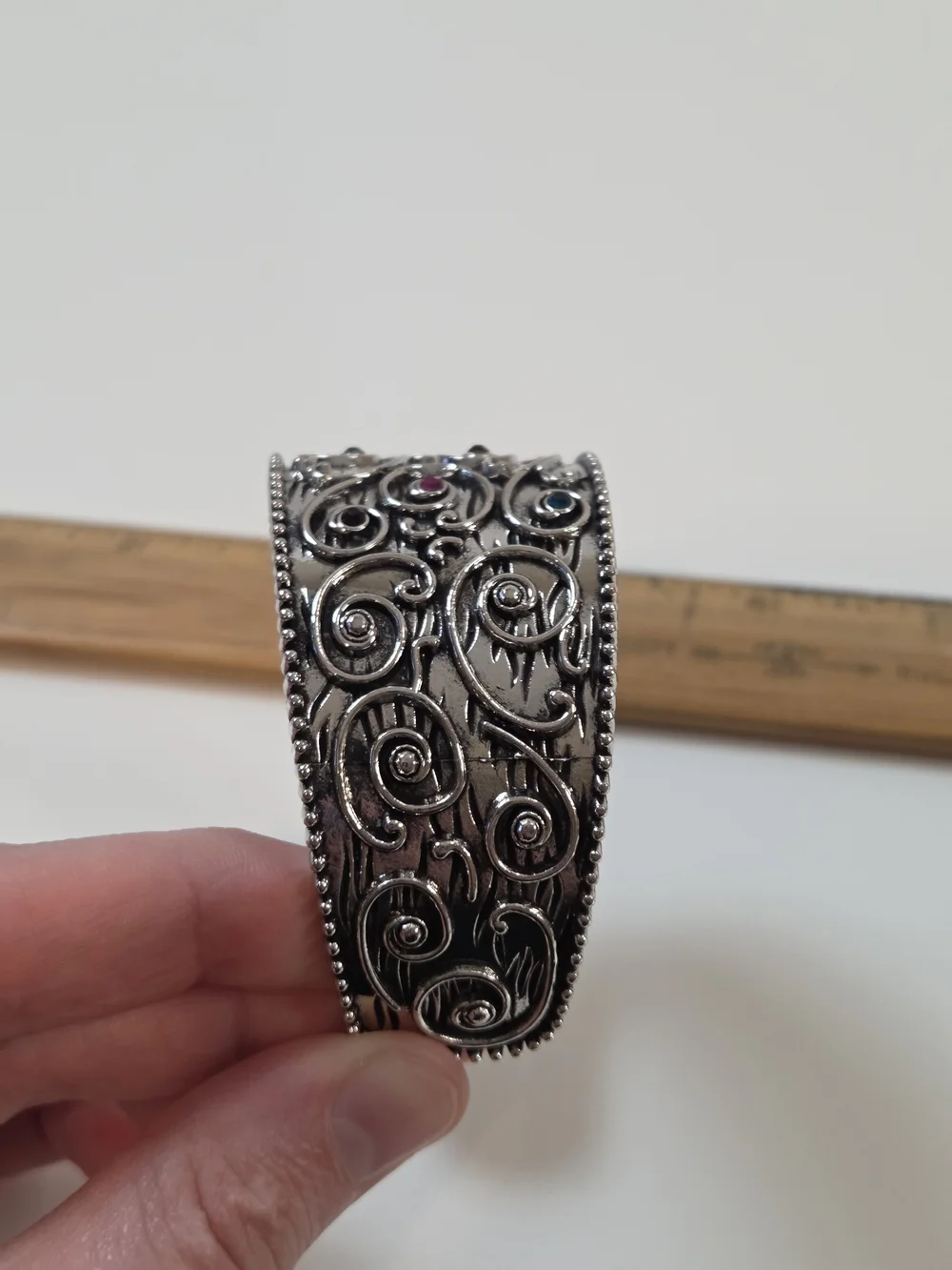 Silver Scrollwork Cuff Bracelet with Blue and Pink Stones